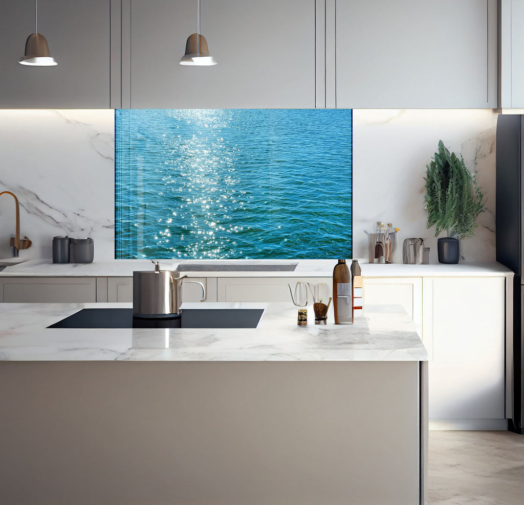 a kitchen with a large painting on the wall