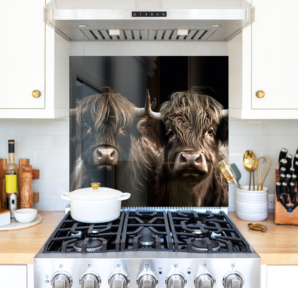 a couple of cows standing next to each other in a kitchen