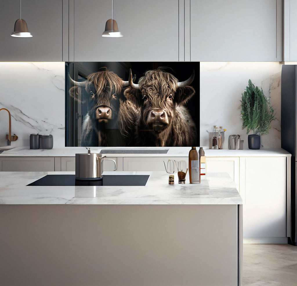 a picture of two cows in a kitchen