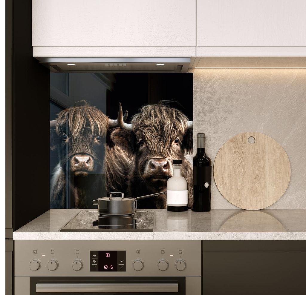 a couple of cows that are standing in a kitchen