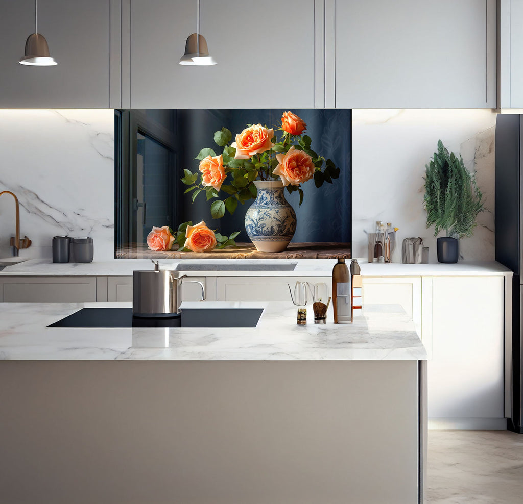 a painting of orange roses in a vase on a kitchen counter