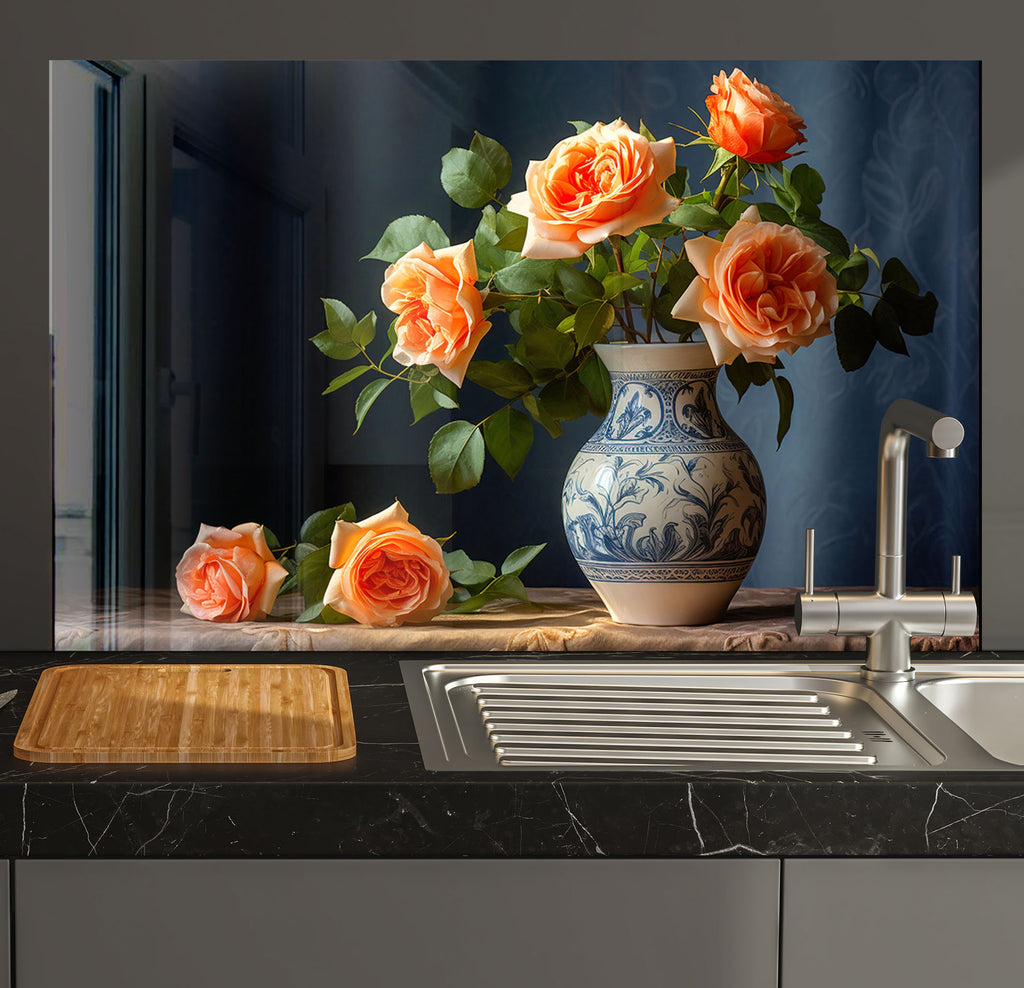 a vase filled with orange flowers sitting on top of a counter