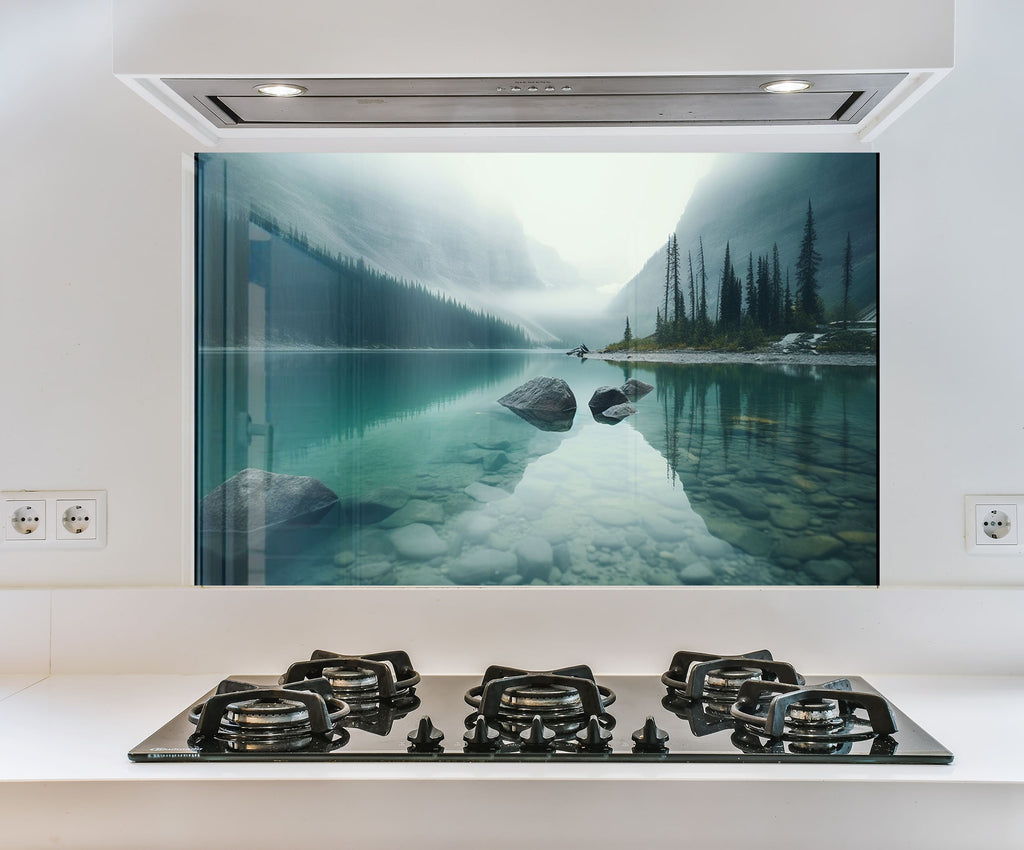 a stove top with a painting of a mountain lake