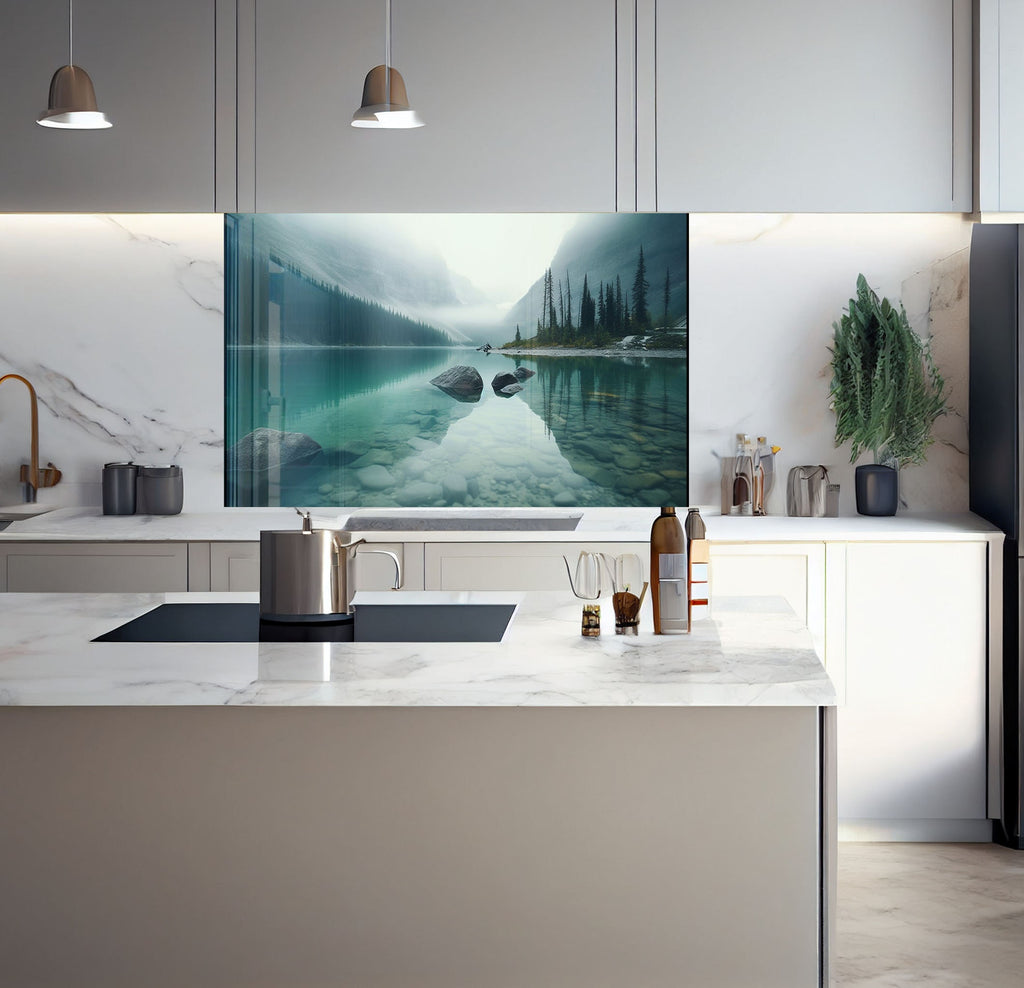 a kitchen with a large painting on the wall