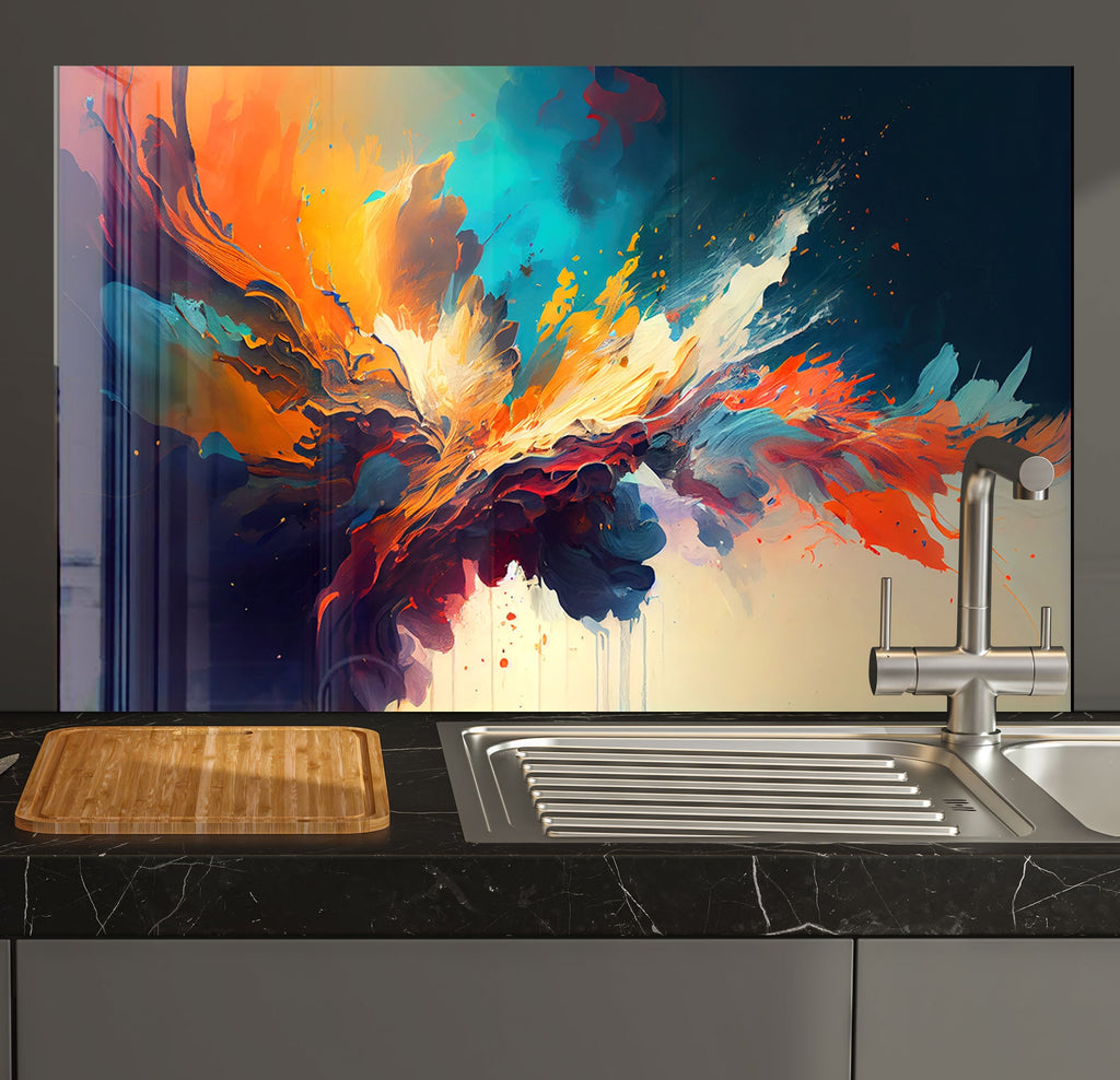 a kitchen counter with a sink and a painting on the wall