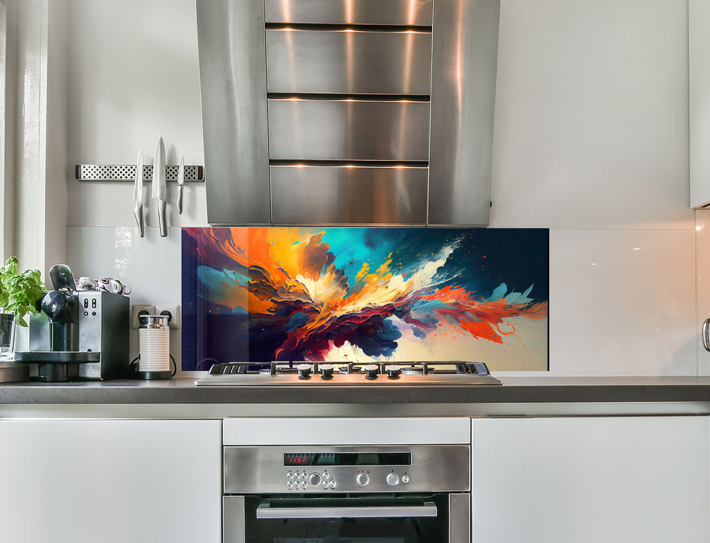 a kitchen with a stove top oven and a painting on the wall