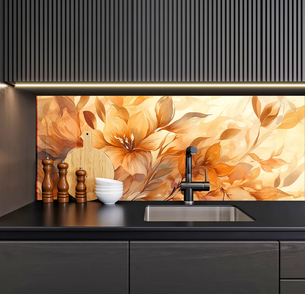 a kitchen with a sink and a painting on the wall