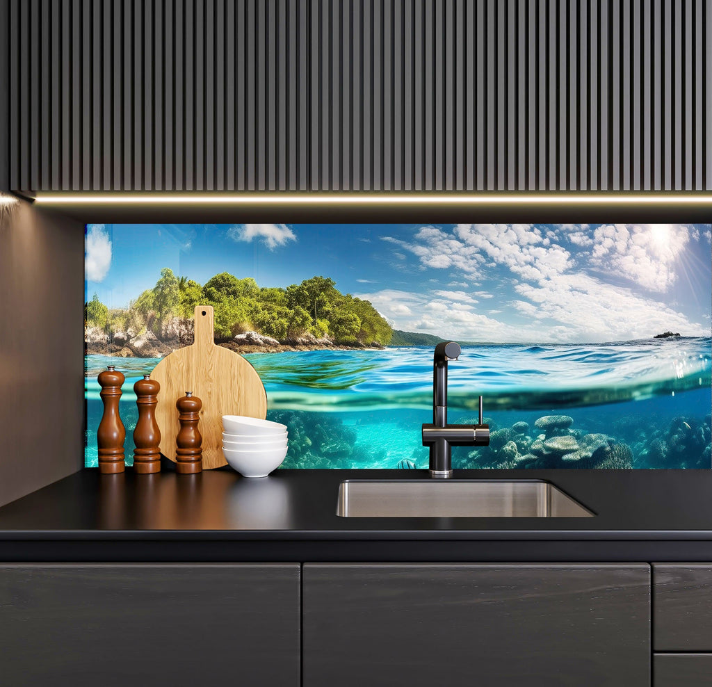 a kitchen with a sink and a painting on the wall