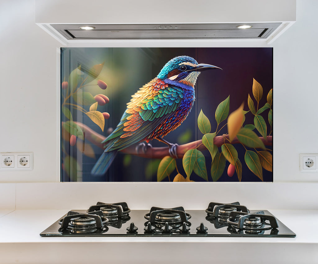 a colorful bird sitting on top of a stove top