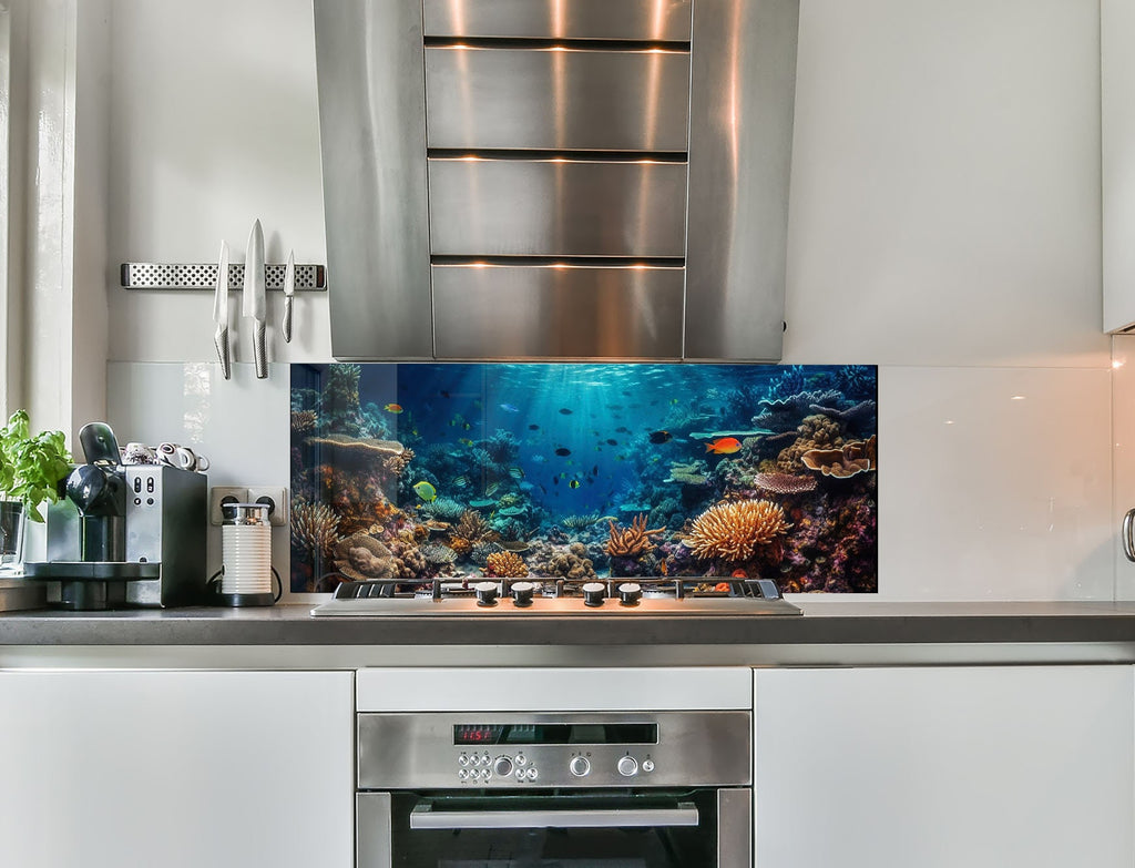 a kitchen with a stainless steel stove top oven