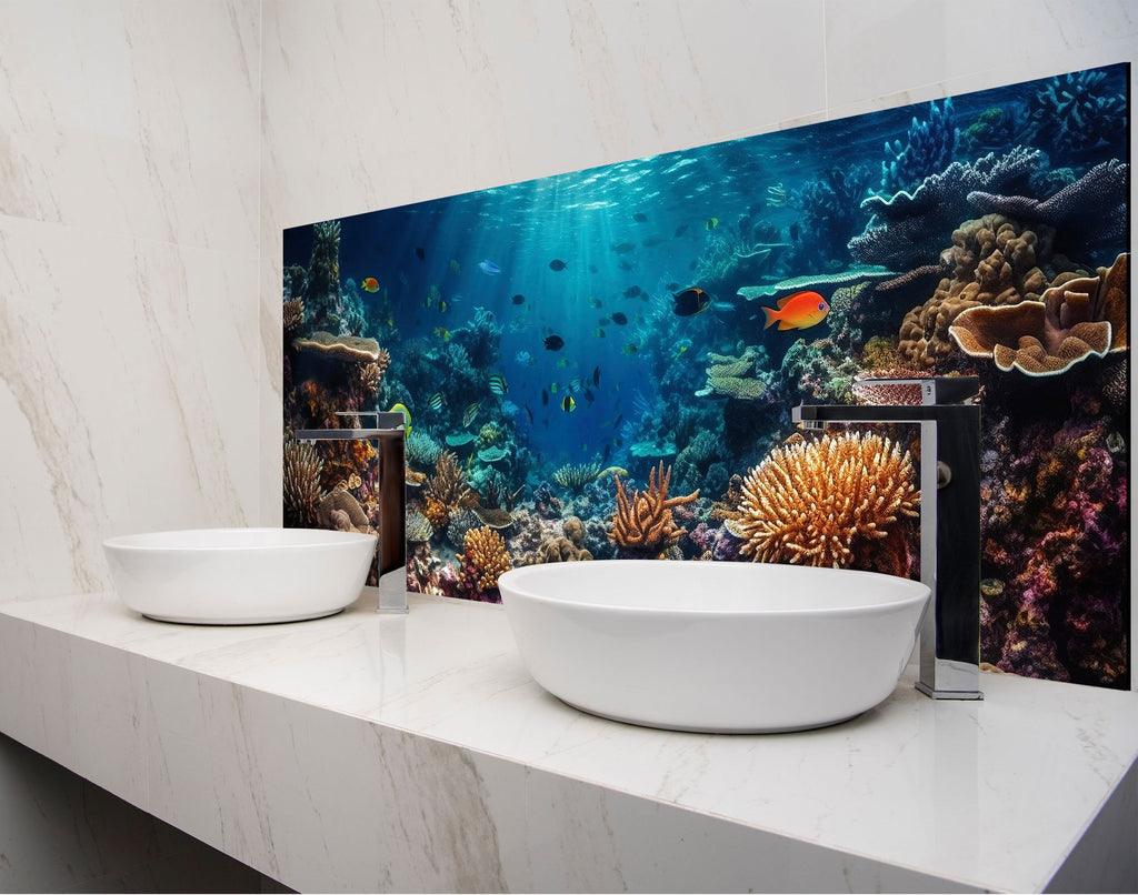 two white bowls on a counter with a fish tank in the background