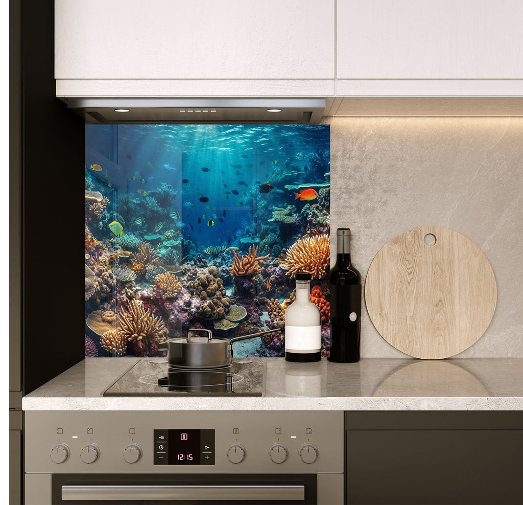 a kitchen with a stove top oven and a fish tank