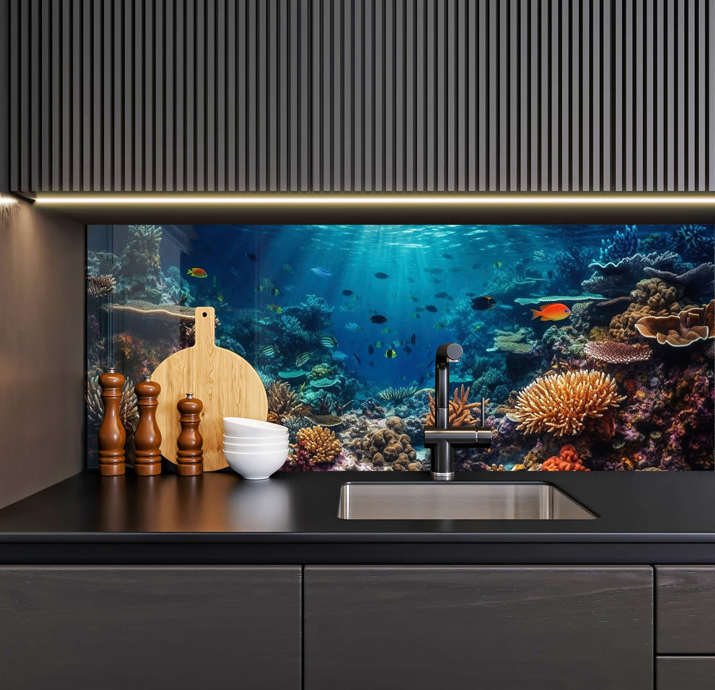 a kitchen counter with a sink and a large fish tank