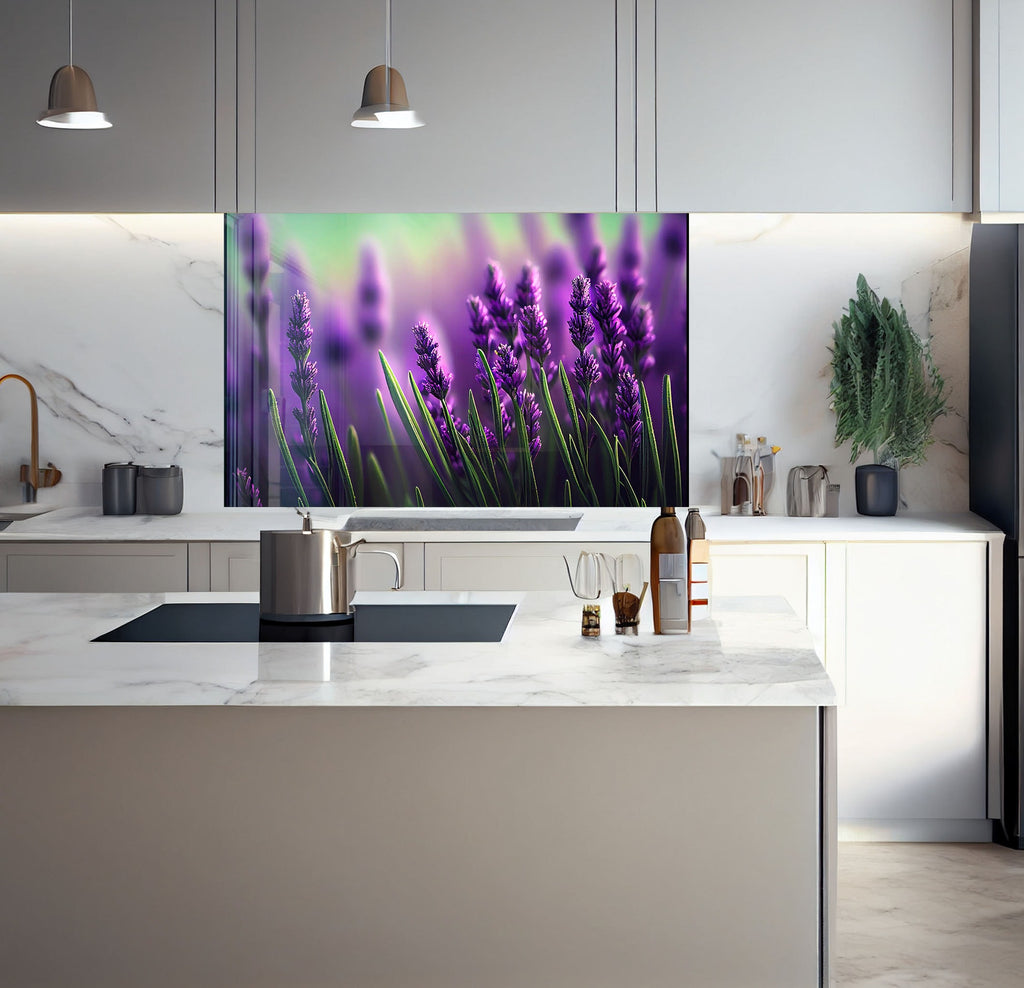 a kitchen with a large painting on the wall