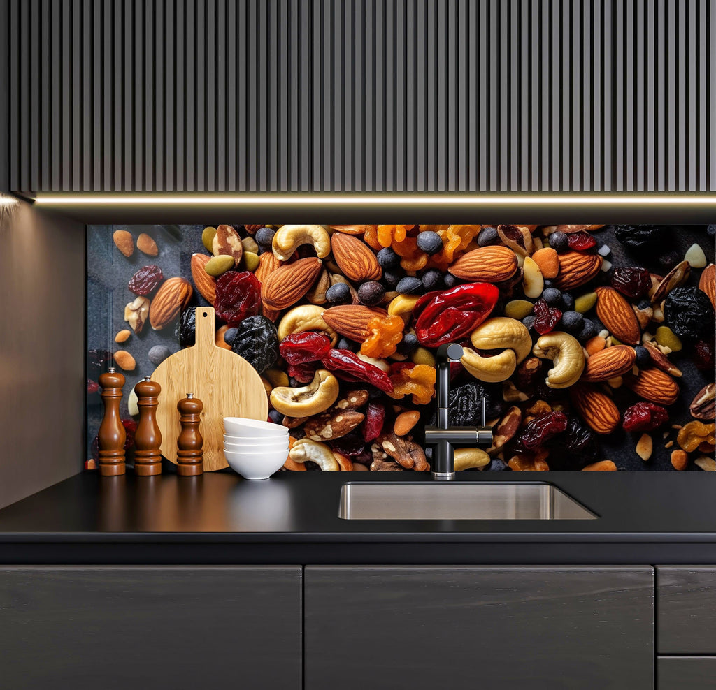 a kitchen with a lot of nuts on the wall