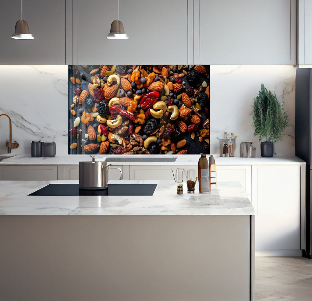 a kitchen with marble counter tops and a painting on the wall