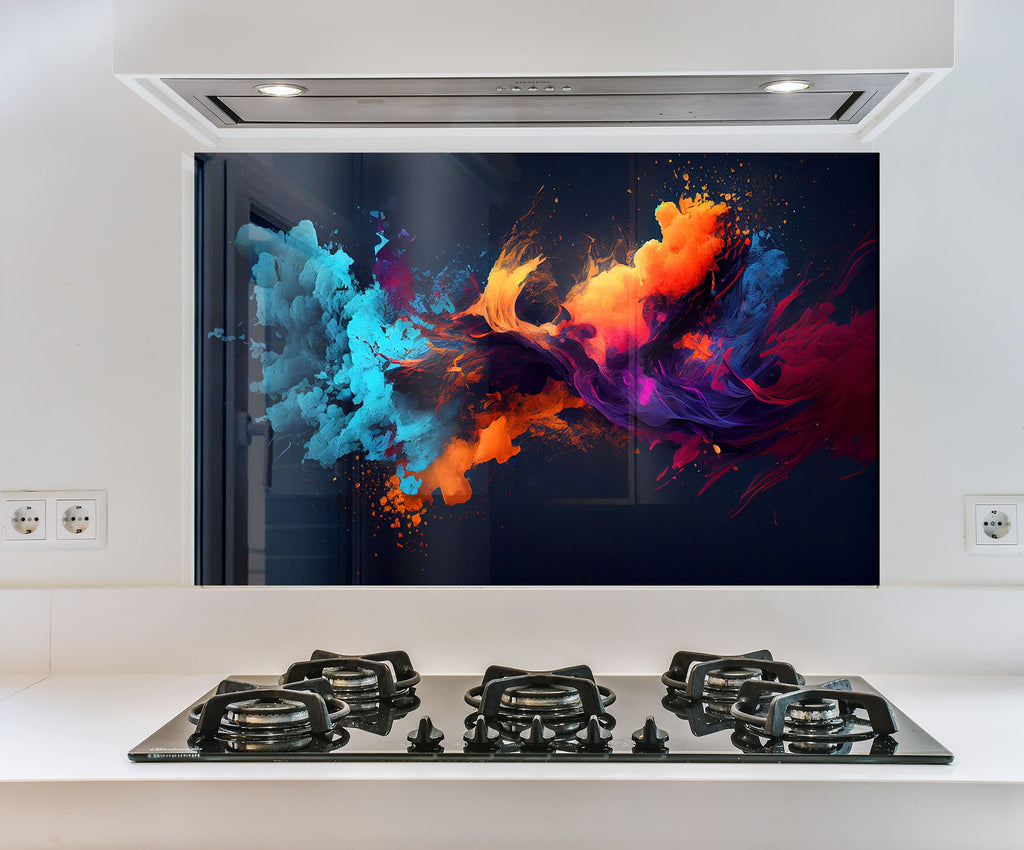 a picture of a colorful painting on a wall above a stove