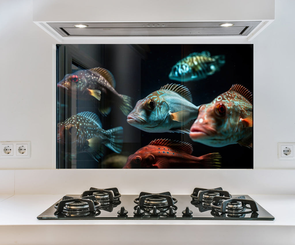 a picture of a group of fish on a wall above a stove