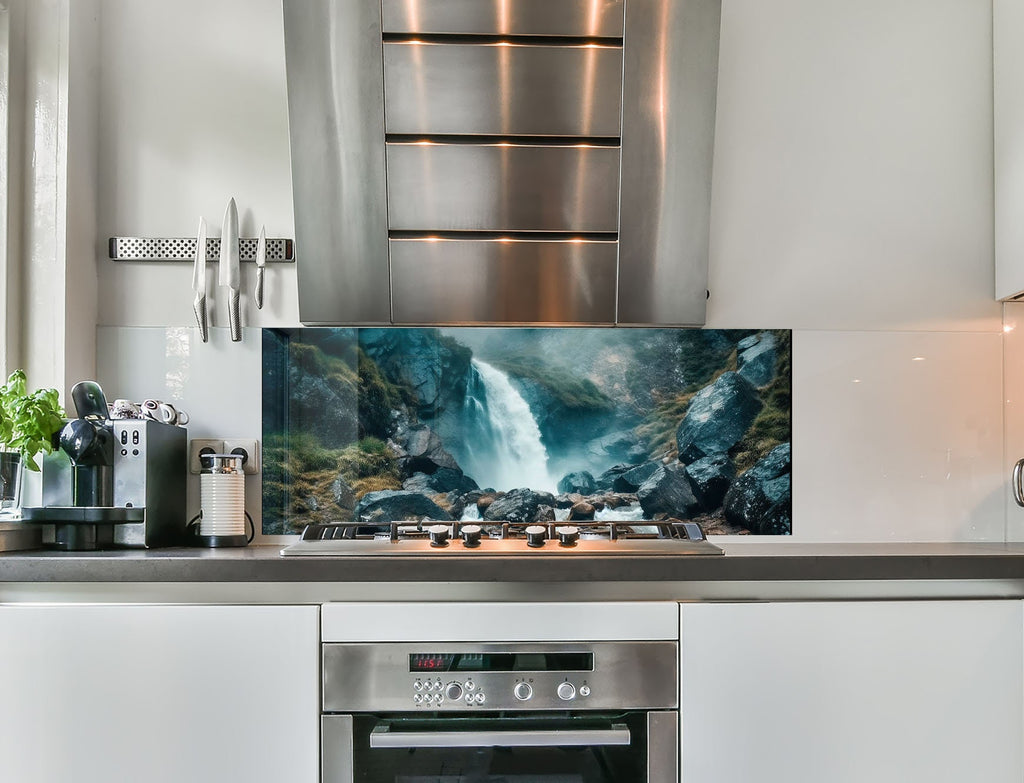 a kitchen with stainless steel appliances and a painting on the wall