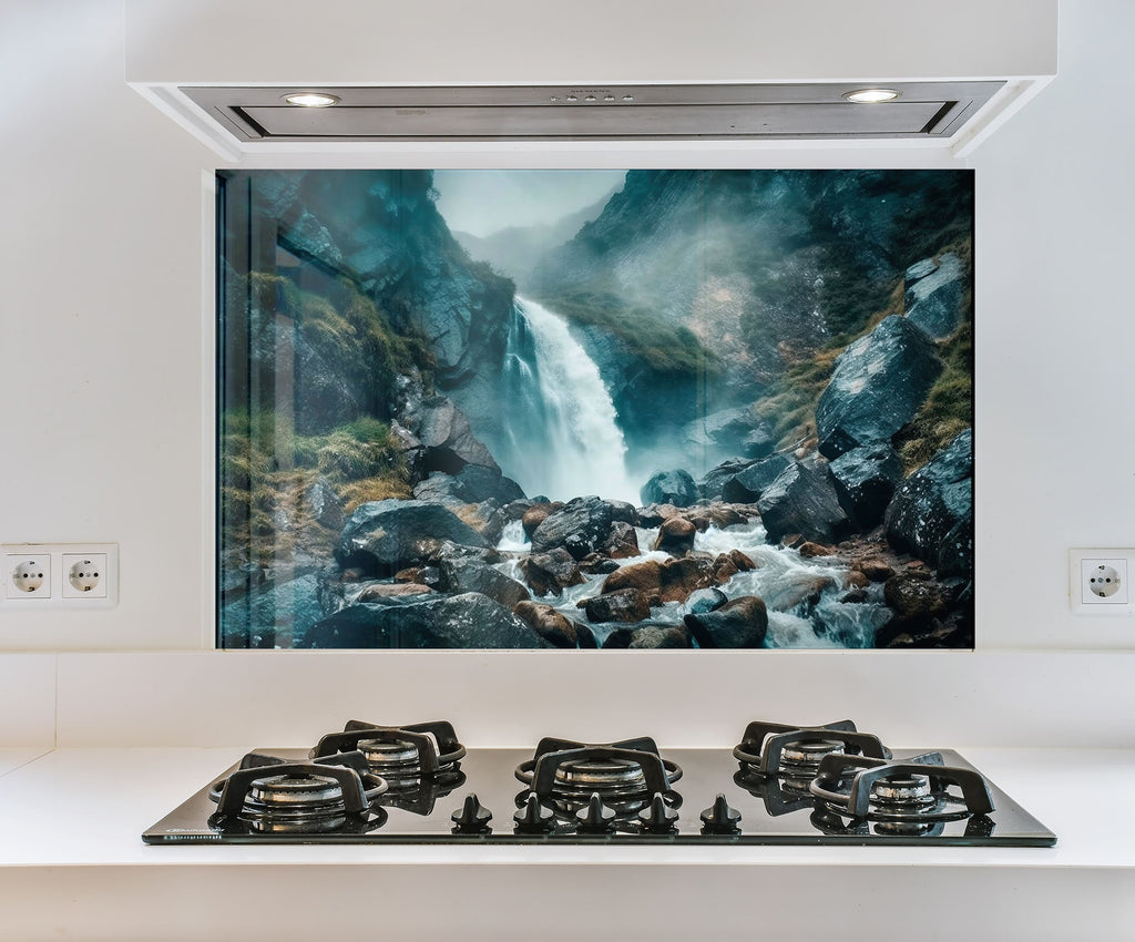 a picture of a waterfall on a wall above a stove