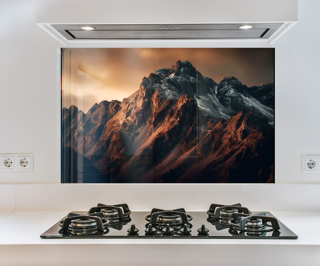 a picture of a mountain range in a kitchen