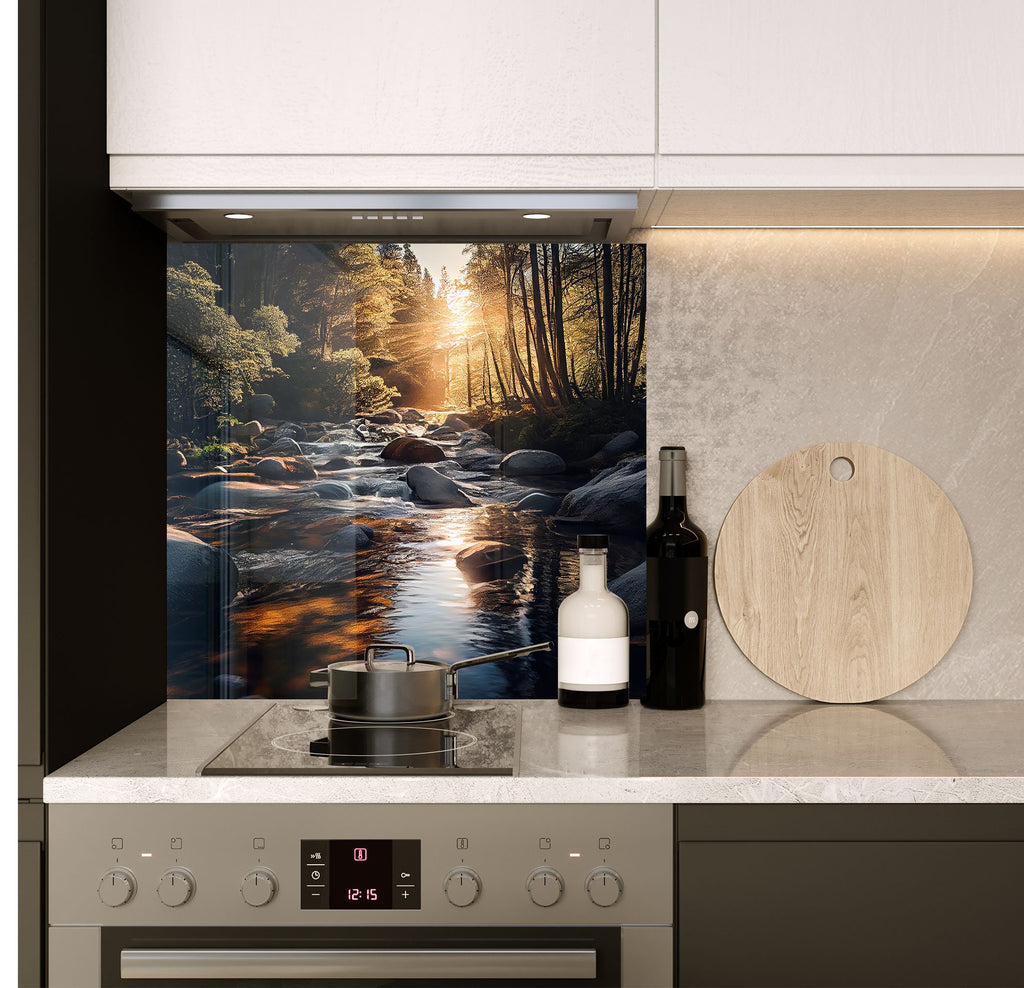 a stove top oven sitting next to a wall with a painting on it