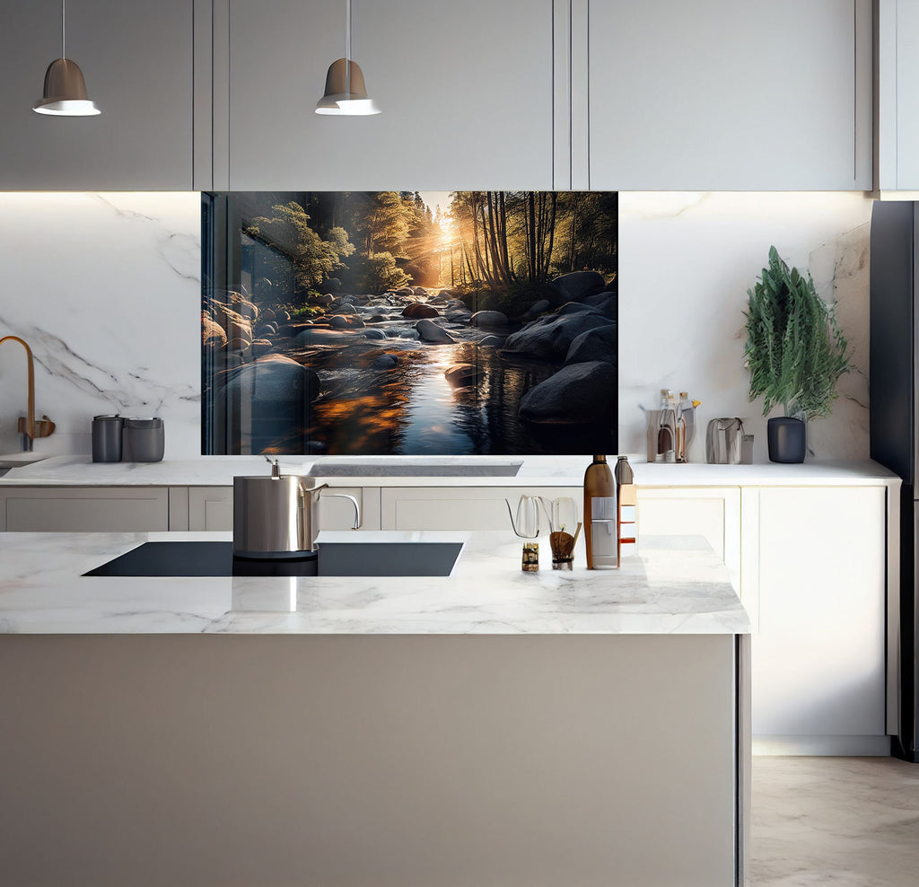 a kitchen with a large painting on the wall