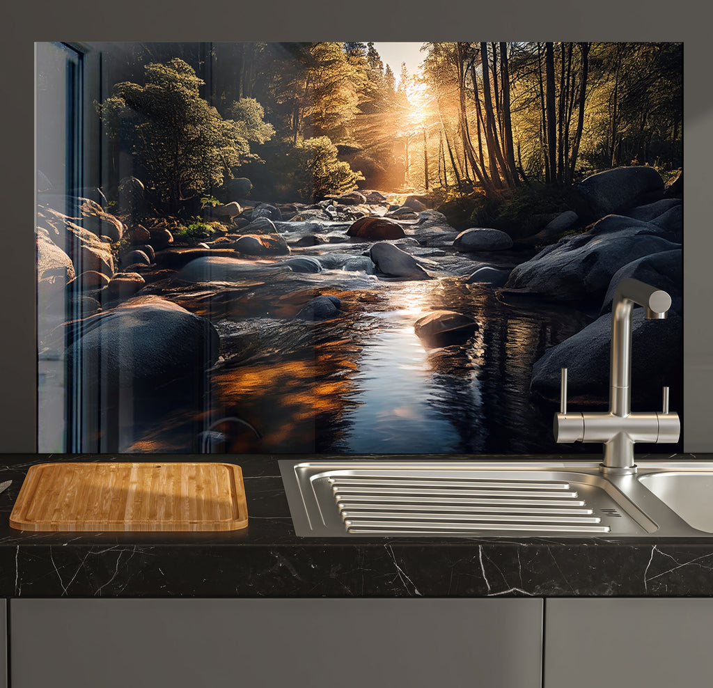 a kitchen with a sink and a painting on the wall