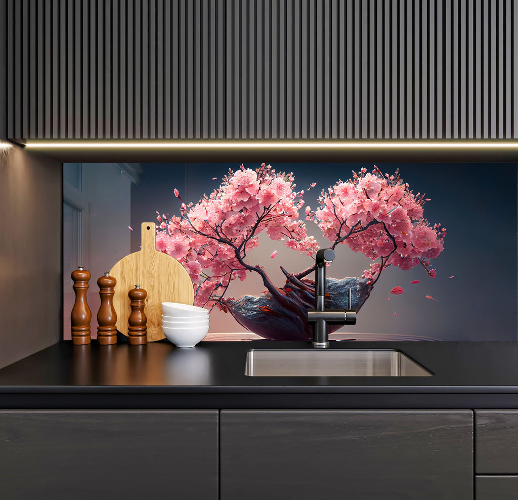 a kitchen with a sink and a painting on the wall