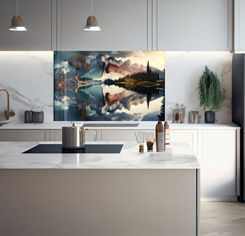 a kitchen with a large painting on the wall