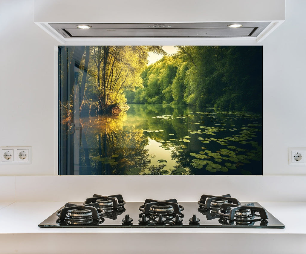 a stove top with a picture of a river in the background