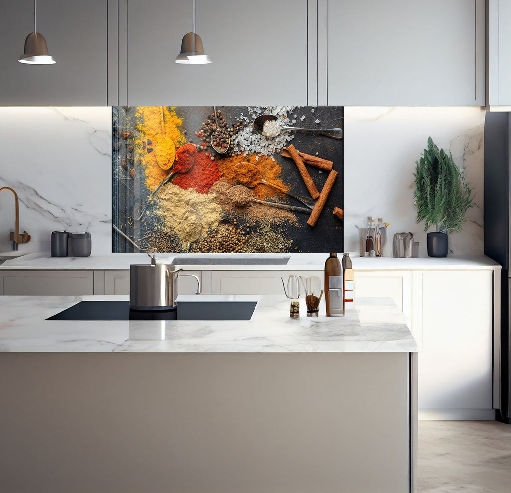 a kitchen with a large painting on the wall