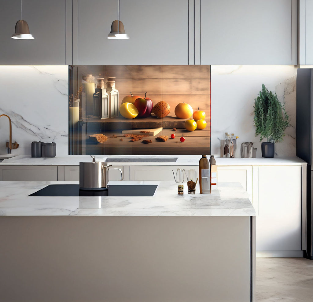 a kitchen with marble counter tops and white cabinets