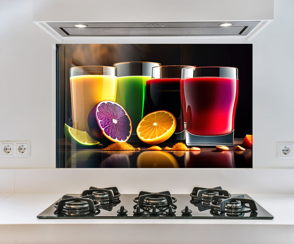 a glass of juice and three glasses of juice on a stove