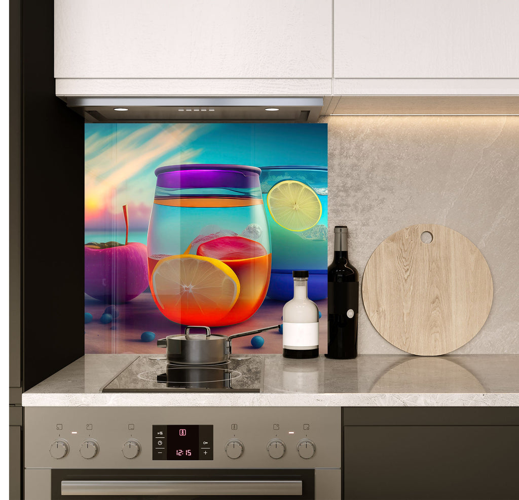 a kitchen with a stove and a painting on the wall