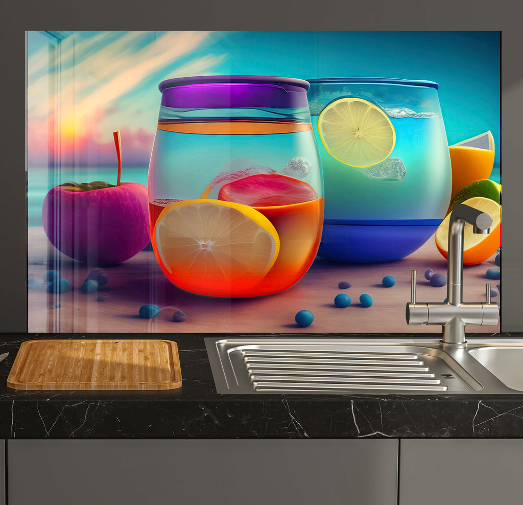 a kitchen counter with a sink and a painting on the wall