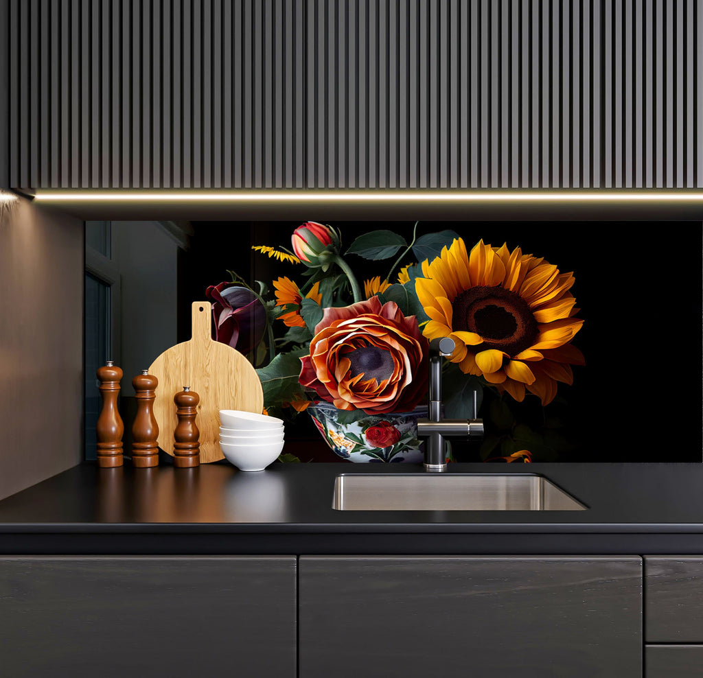 a kitchen with a sink and a vase of flowers