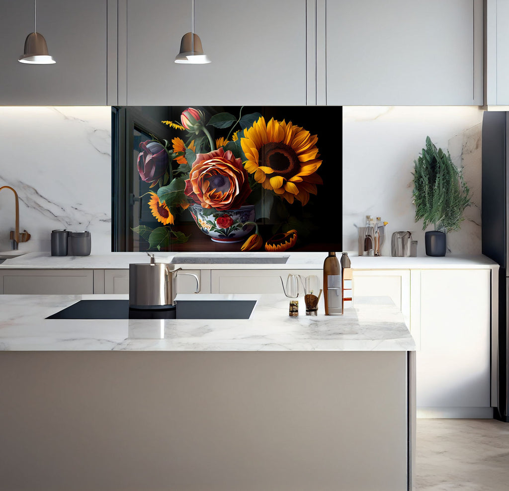 a kitchen with a large painting on the wall