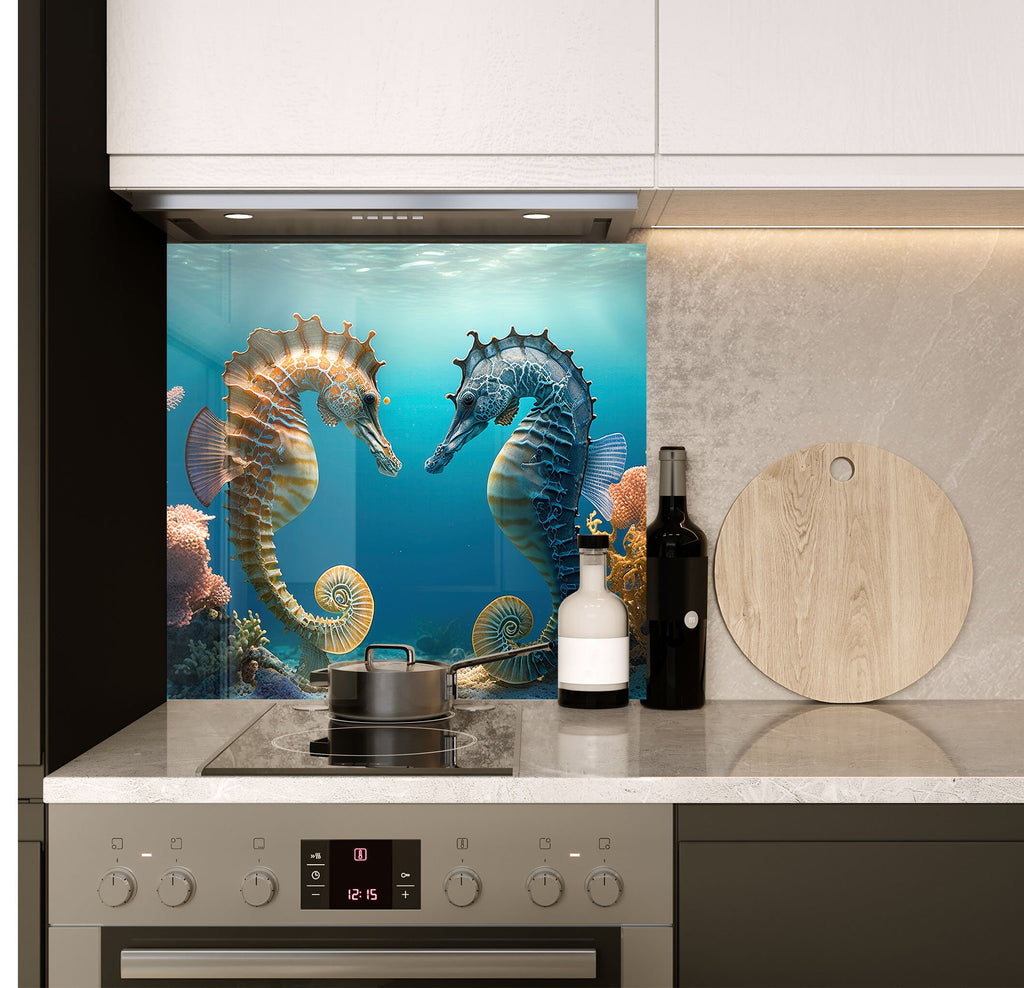 a picture of a sea horse on the wall of a kitchen