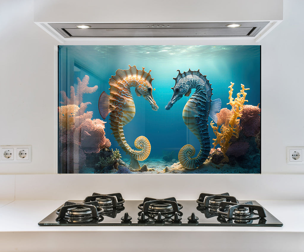 a picture of two seahorses on a wall above a stove