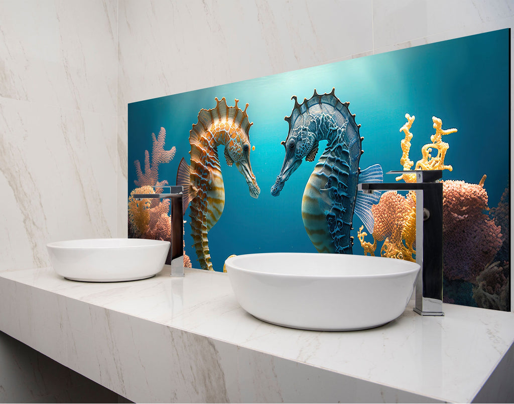 a bathroom with two sinks and a painting of seahorses on the wall