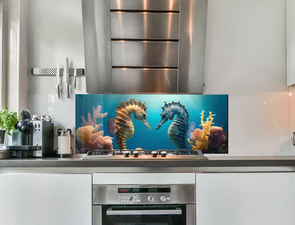 two seahorses on a blue and white tile backsplash in a kitchen