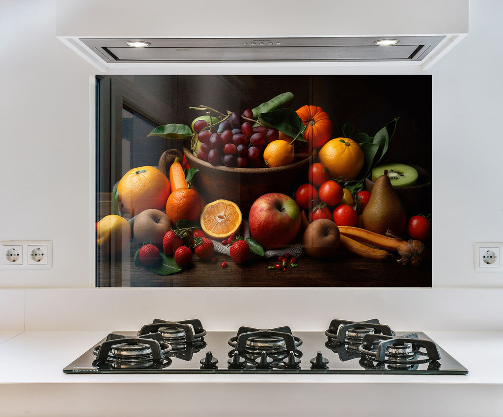 a painting of a bowl of fruit on a stove