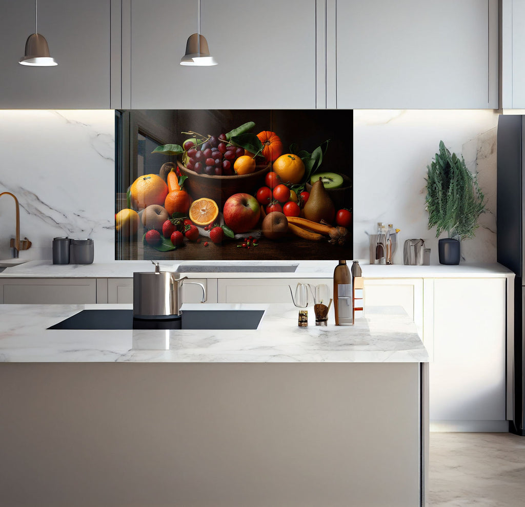 a painting of a bowl of fruit on a kitchen counter