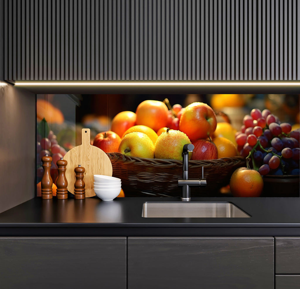 a kitchen counter with a sink and a basket of fruit