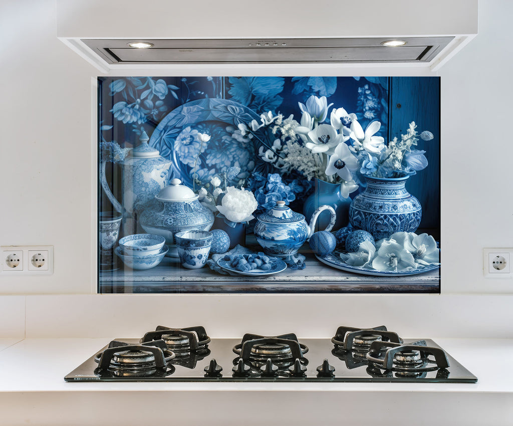 a painting of blue and white vases on a stove