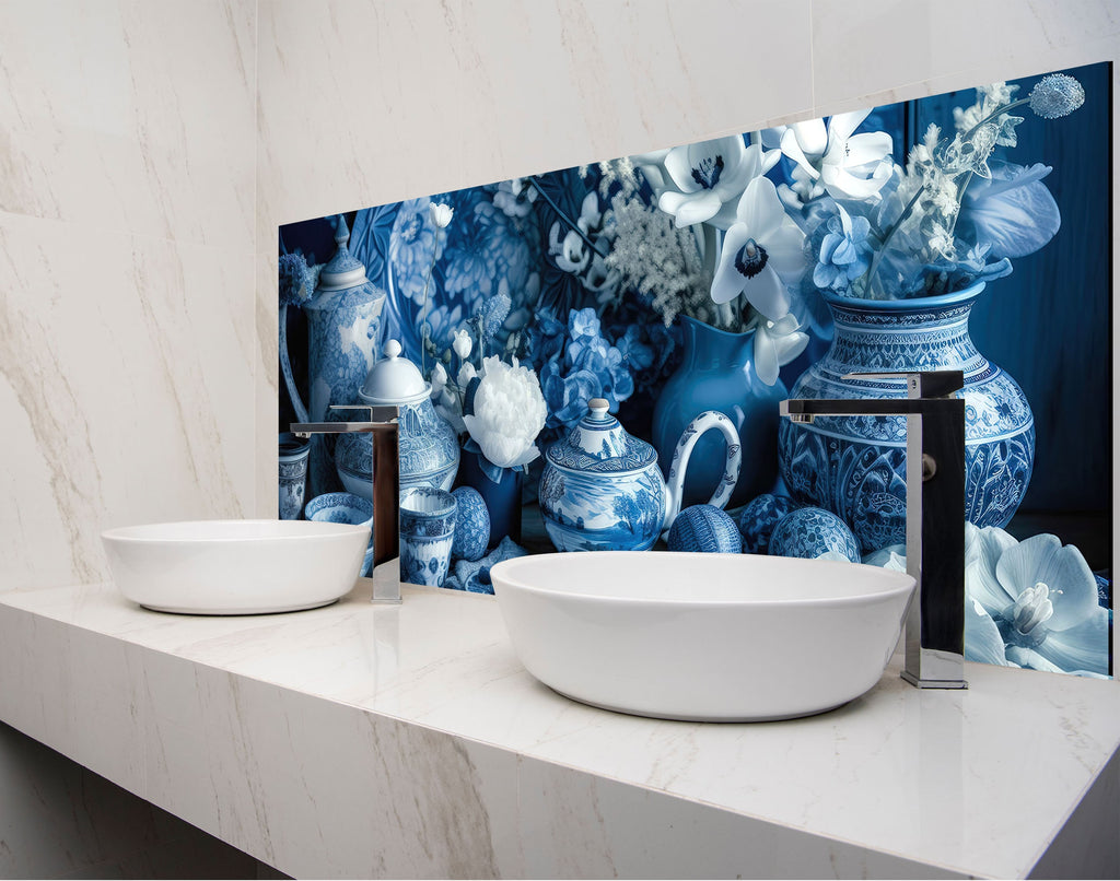 two white bowls on a counter with blue and white wallpaper