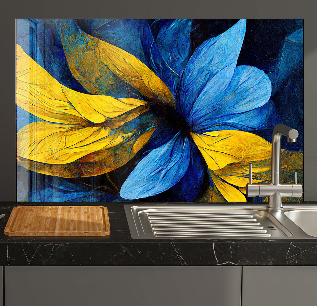 a painting of a blue and yellow flower