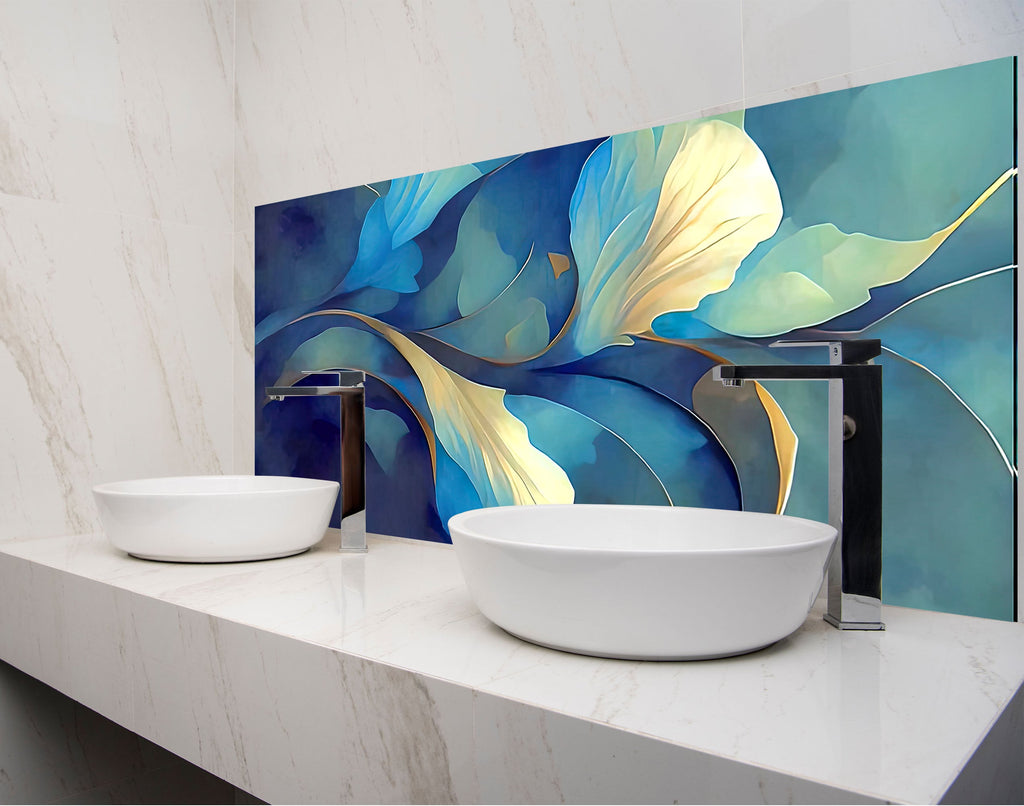 a bathroom with two sinks and a painting on the wall