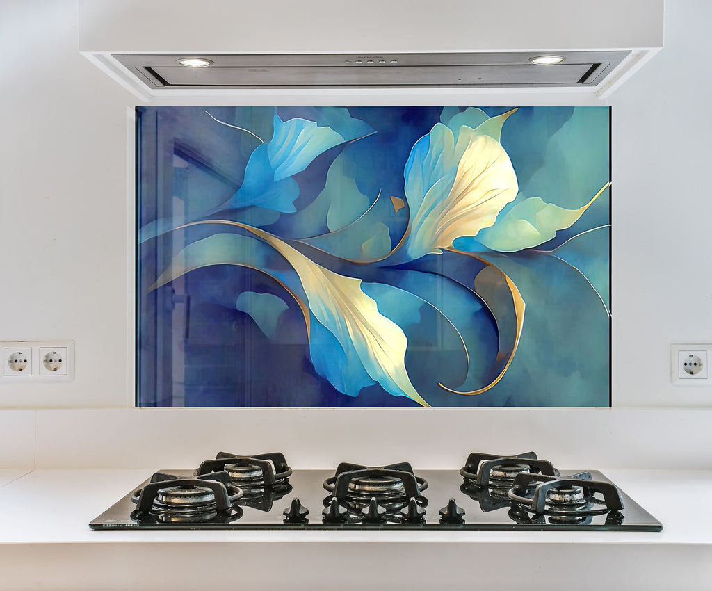 a painting on a wall above a stove top